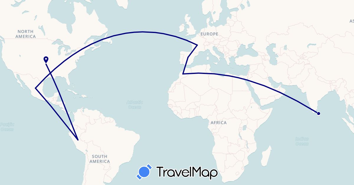 TravelMap itinerary: driving in Spain, France, Sri Lanka, Morocco, Mexico, Peru, United States (Africa, Asia, Europe, North America, South America)